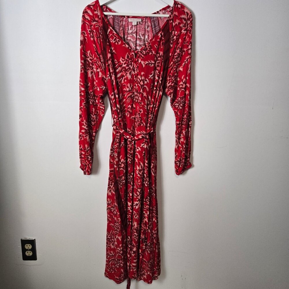 Knox Rose Size M Red Floral Long Sleeve Midi Dress Waist Tie V-Neck Cottagecore